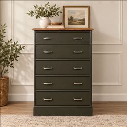 Refinished Vintage 5-Drawer Tallboy Dresser – Charcoal Black & Walnut
