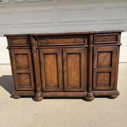 GORGEOUS!! Dark Wood Buffet Sideboard with Woven Drawers & Braided Columns  (Read Description)