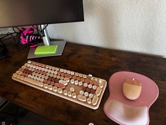Pink and cream wireless keyboard + mouse setup