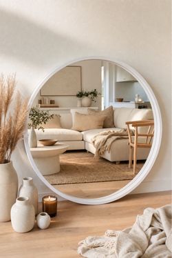 Large Round Wooden Whote Mirror