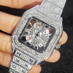 Iced Out SEE Through  Luxury Brand Men's Waterproof Quartz Watch With Rhinestone 

