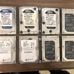 Lot of (8) Mixed Brand 3.5” Hard Drives - (6) 1 Terabyte & (2) 500gb - Tested/Working