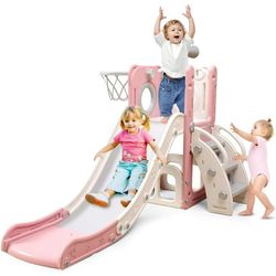 Playground Set, Toddler Slide Playset 6-in-1 Indoor Outdoor with Storage Non-Slip Steps Pink for 1-3 Years NEW