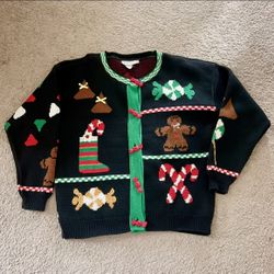 Vintage Christmas Sweater Cardigan Large Made In USA 100% Cotton 