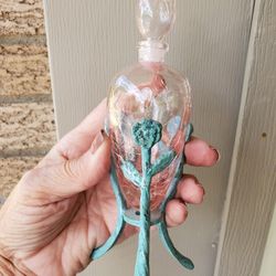 Soft Pink Crackle Glass Perfume Bottle W Metal Stand