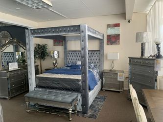Luxurious Velvet like fabric and tufted canopy bed- regal gray finish