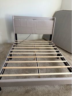 Modern Upholstered Platform Bed Frame w/ Headboard + USB/Power – Queen Size