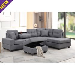 Grey Reversible Sectional With Cup Holder And Storage Ottoman And Pillows Brand New In Box Firm Price $560