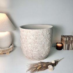 16.5" tall Minimalist Hand-Painted & Textured Planter Pot with drainage hole - cream sand wash