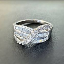 Art Deco 925 sterling silver 0.55CTW Natural Diamond Baguette & Round cut infinity ring sz 7.75