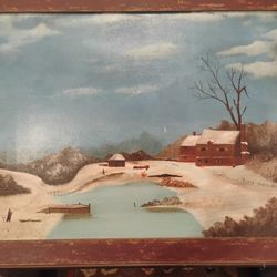 Folky Vintage Painting Snowy Maine Farm 