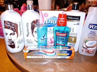 Shampoos,conditioners, deodorant, mouthwash, toothpaste, and 6pk 2in1 dial complete beautybars (scent- silk and magnolia)