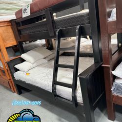 New Twin / Full Solid Pine Wood Cherry Bunk Bed Litera With Mattresses Included