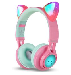 New Riwbox CT-7 Cat Ear Kids Bluetooth Headphones, LED Light Up Bluetooth Wireless Over Ear Headphones with Microphone and Volume Control