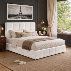 Queen Size White Velvet Upholstered Platform Bed Frame