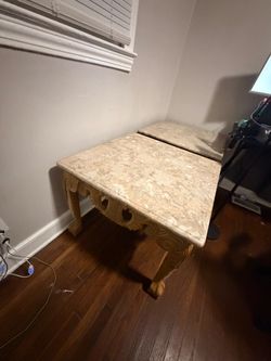 Marble Top End Tables with Carved Wood Base