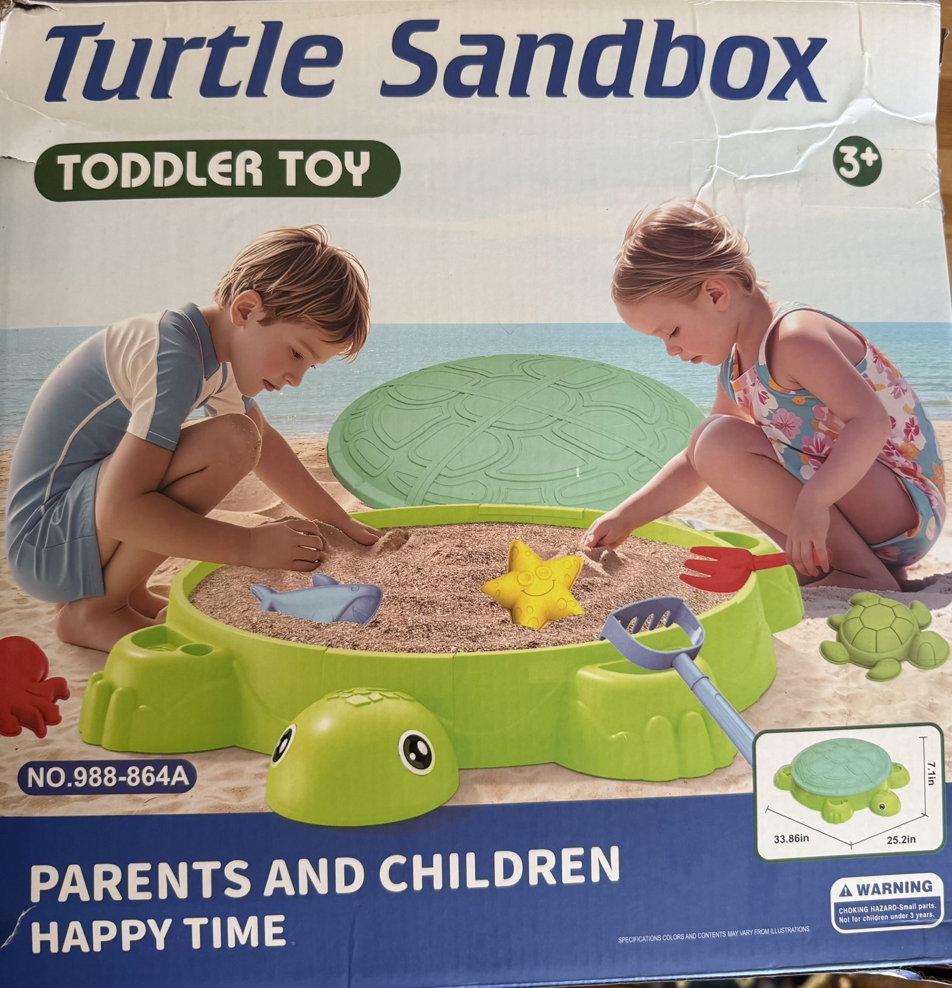 Kids Turtle Sandbox with Lid, 8 Piece Mini Tool Accessories Sand Toys Set, Summer Outdoor Beach Toys for Toddlers 3-5, Sand Box Toys Indoor Outdoor Pl