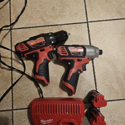 Miliuwaukee 3/8" Drill/driver, 1/4" Hex Impact Driver, M12 Battery Charger With 2 M12 Batteries 