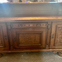 Antique Wooden Desk With Hand Carved Accents