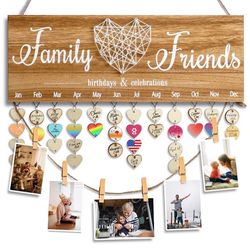 Gifts for Mom Grandma Friends-Wooden Birthday Reminder Calendar Board, Birthday Tracker Plaque with Tags, Picture Hanging Clips and Twine, Presents fo