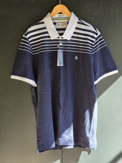 Original Penguin Short Sleeve Cotton Polo Shirt Dark Sapphire Striped LARGE  NWT