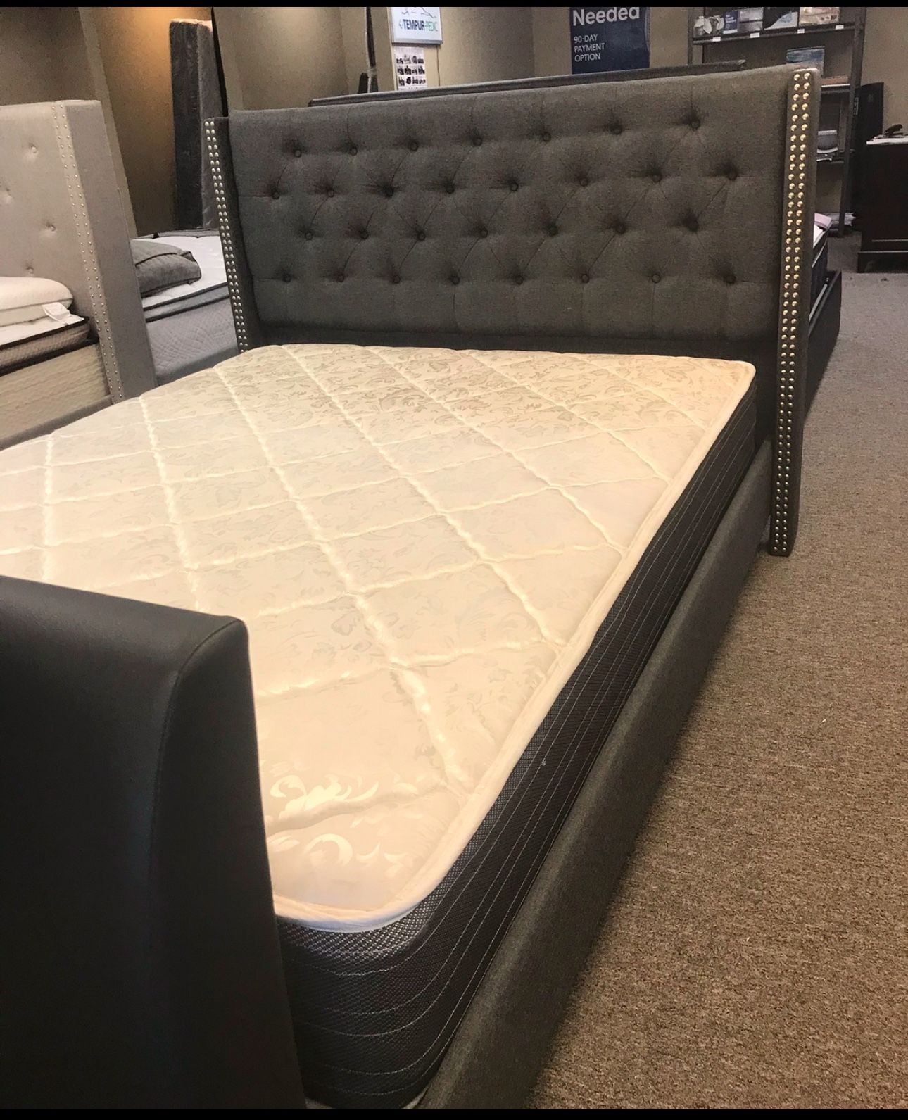 NEW FULL AND QUEEN DARK GREY LINEN PLATFORM BED WITH MATTRESS AND FREE DELIVERY- BEDROOM FURNITURE SECTIONAL SOFA AND MORE