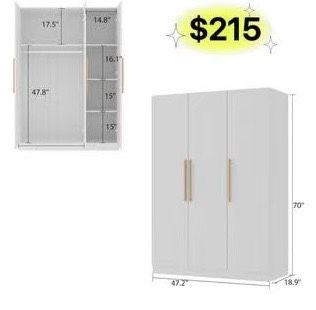 😀 AIEGLE 3-Doors Wardrobe Armoire Closet(47.2"Wx19.7"Dx70"H) ,Large Freestanding Armoire Wardrobe Cabinet with Shelves & 2 Hanging Rod, Bedroom Wood 