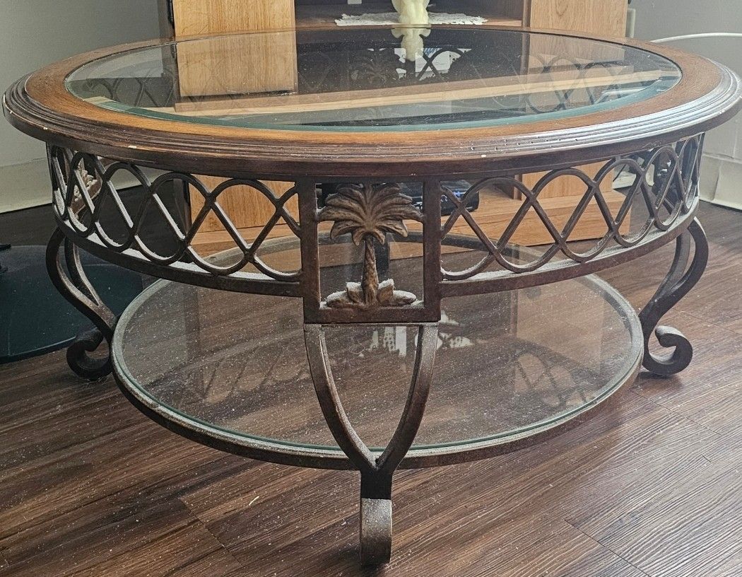 Round 2 Tier Tropical Design Coffee Table Wood, Wrought Iron, and Glass