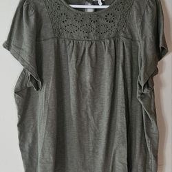 ,2X Ella Moss Womens Blouse Slub Knit Embroidered Keyhole Green