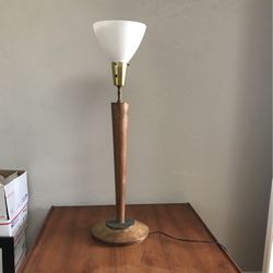 Antique Wood and Brass Torchiere Lamp with Milk Glass Shade