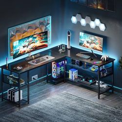 New ODK 66" L Shaped Desk with Power Outlet and USB Charging Ports, Reversible L Shaped Computer Desk with Storage Shelves, Home Office Desk, Gaming D