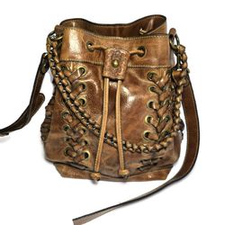 Patricia Nash Bucket Martina Brown Leather Grommet Crossbody Drawstring 