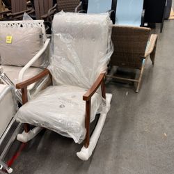 Rocking Chair, Grey Upholstered High Back Solid Wood Armchair Soft Fabric Padded Seat; Sturdy Solid Wood Frame; Ergonomic High Back; For Adults; Easy