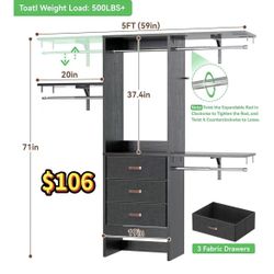 😀 5FT 59"Lx16"W x 71"H Small Closet System with 3 Fabric Drawers, 60 Inches Walk In Closet Organizer System With 3 Adjustable Shelves, Heavy Duty