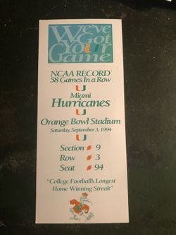Miami Hurricanes Souvenir Stub