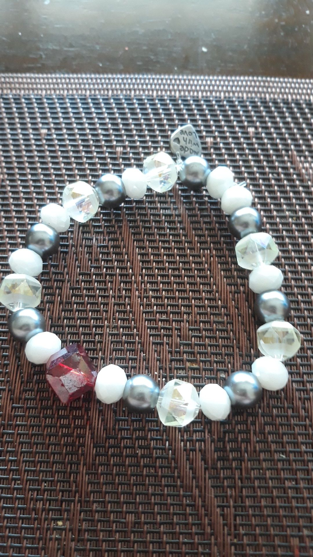High Quality Handcrafted Hildie & Jo. Faux Pearl glass bracelet with a charm "made with love"
