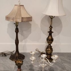 Vintage Table Lamps Antique 32" Tall & 30" Tall, Bronze Candleholder & Silver Candelabra - Take All For $15 Total 
