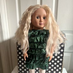 Battat Blonde Haired Brown  Eyes Our Generation 18" DOLL Green Dress w Tights