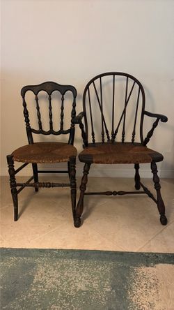 Beautiful Pair of Antique Wooden Chairs with Woven Rush Seats
