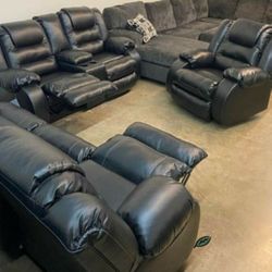 Black Faux Leather Reclining Sofa & Reclining Loveseat with Console | Living Room Set 🌟🌟🌟 Brand New 👍 Fast Delivery 🚚  