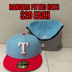 MLB New Era Texas Rangers Light Blue Pinkish Red 59fifty Fitted Hats Size 7 1.8, 7 1/4, 7 3/8, 7 1/2 And 7 3/4