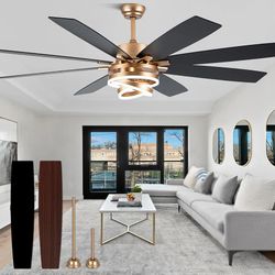 Gold Ceiling Fans with Lights, 72 Inch Large Modern Ceiling Fan with Remote Control for Living Room Kitchen, 3 CCT, 6 Speed Reversible DC Motor, Dual 