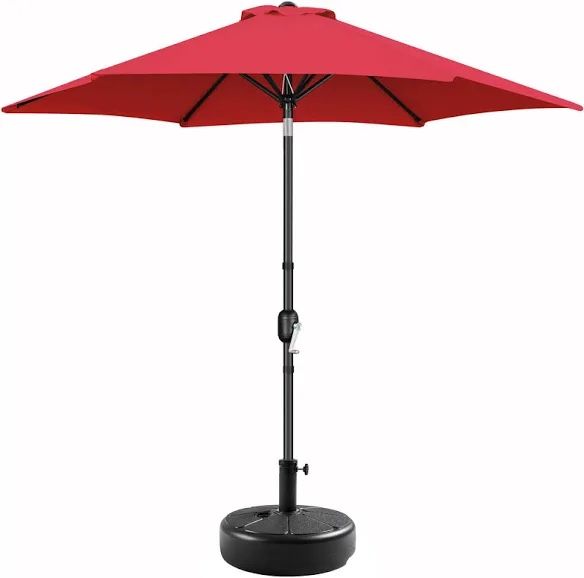9' Patio Umbrella with 22L Umbrella Base Stand-Round Water & Sand Filled, Market Sunshade w/Push Button Tilt, Crank and Sturdy Ribs, Patio