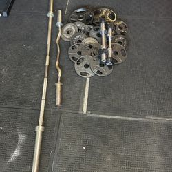 Olympic 7ft 45lbs bar plus 130lbs of Olympic weights and adjustable dumbbells plus cur bar