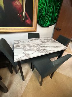 5-Piece Dining Set Marble Top Table + 4 Charcoal Chairs Fabric