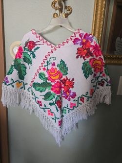 White Floral Embroidered Poncho with Fringe
