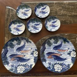 Vintage Koi Fish Porcelain Plate Set – Asian Style Blue & White (7 Pieces)