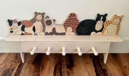 Hand-Painted Wooden Cat Peg Rack & Shelf