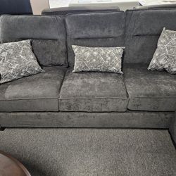 Brand New Dark Charcoal Chenille Sofa With Pocket Coils Cushions