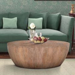 Arthur Drum Shape Wooden 35.5 Inch Coffee Table, Plank Design Base, Distressed Brown Finish